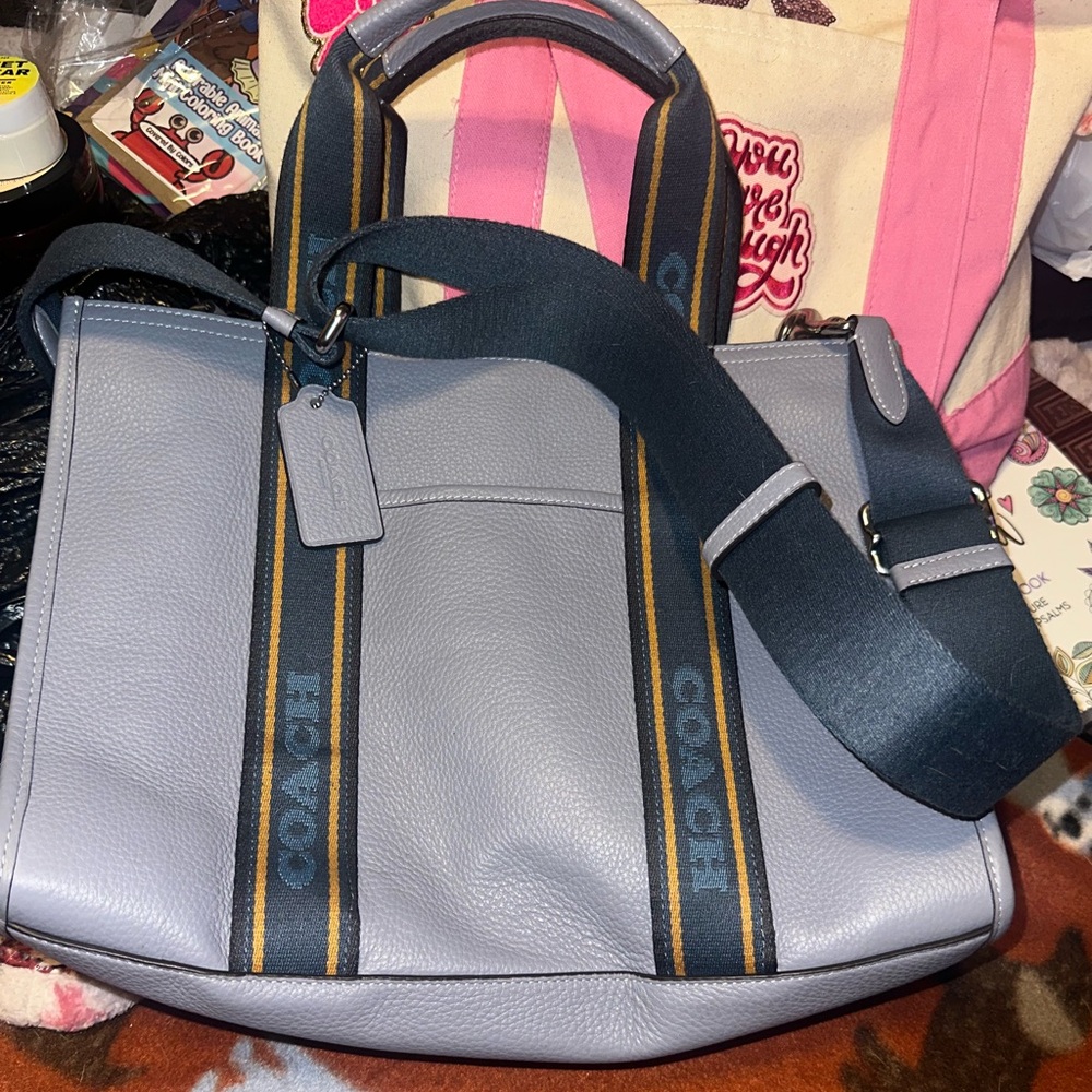 Coach Leather Tote Bag in Light Gray with Navy Straps